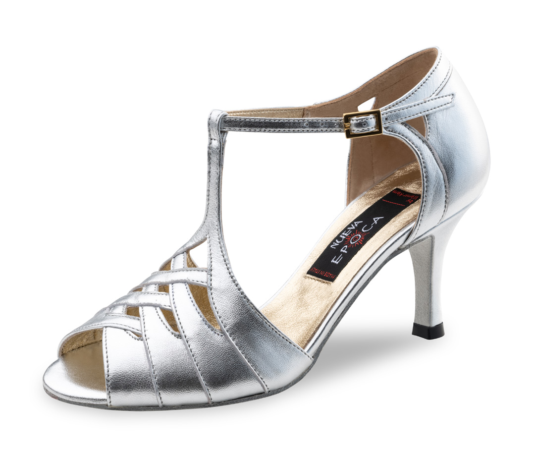 Caia-silberner Tanzschuh Super stylischer Damentanzschuhe aus dem Hause Nueva Epoca mit 7 cm Absatzhöhe und aus silbernem Nappaleder