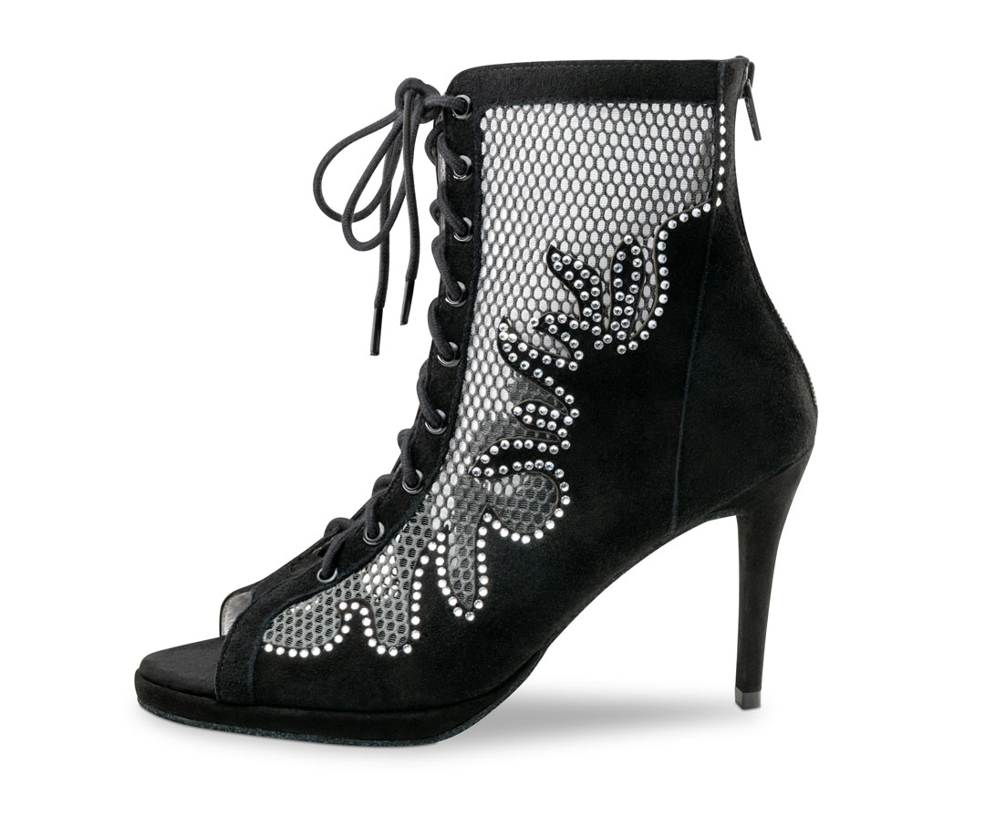 Tanzstiefel mit 8 cm Slim Absatz aus Leder und Netz und Strassdetails von Anna Kern