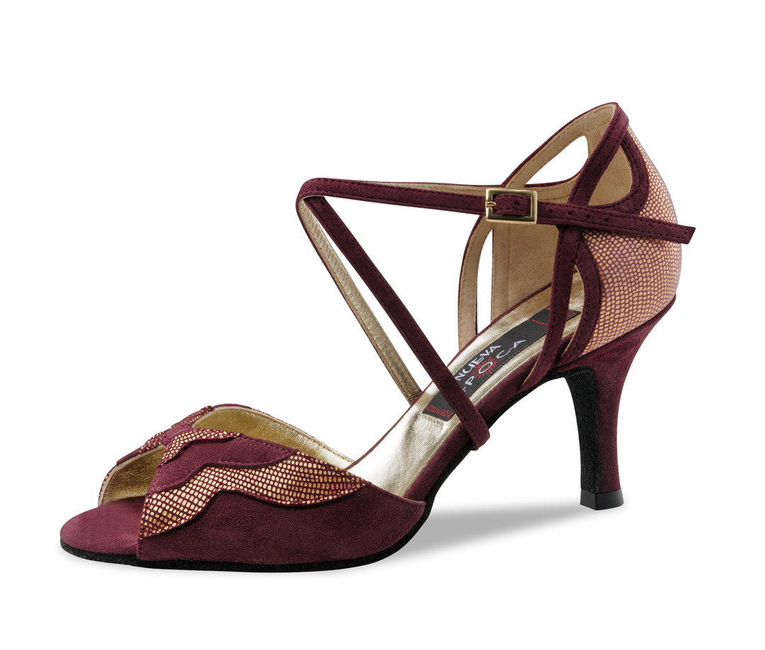 Catalina Nueva Epoca Tanzschuh Catalina mit 6 cm Absatz in einer traumhaften Kombination von bordeauxfarbenem Velourleder und rosegoldenem bedrucktem Leder.