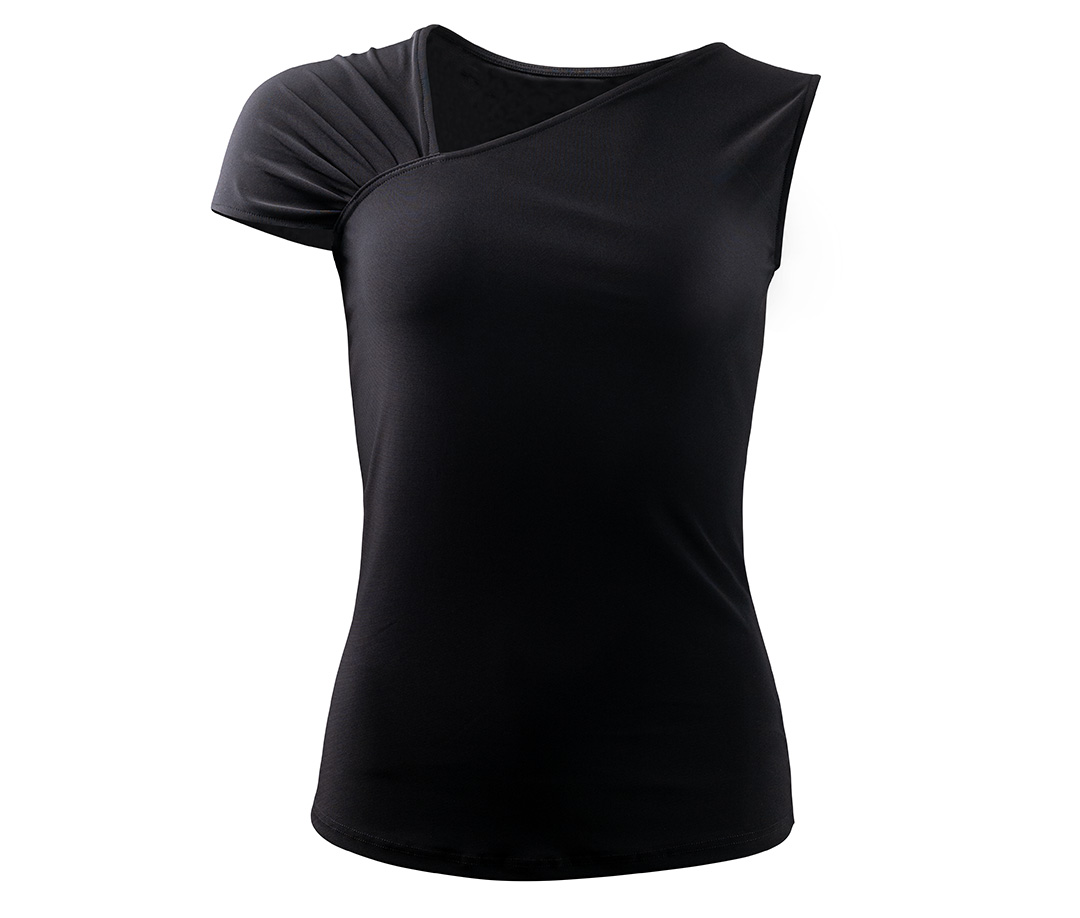 Tanzoberteil Yari Schmal geschnittenes Tanzoberteil in schwarz mit asymetrischem V-Ausschnitt und unterschiedlichen Ärmeldesigns von Werner Kern