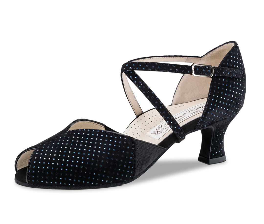 Tanzsandale mit 5cm Flare Absatz, Komfortfußbett und elastischen Einsätzen von Werner Kern in schwarz mit blauen Glitzerdetails