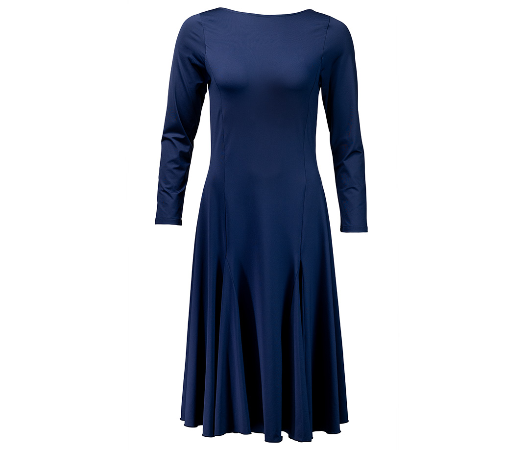 Figurnahes Tanzkleid mit weit schwingendem Rock in Midilänge und edlem Rauchblau von Werner Kern 
