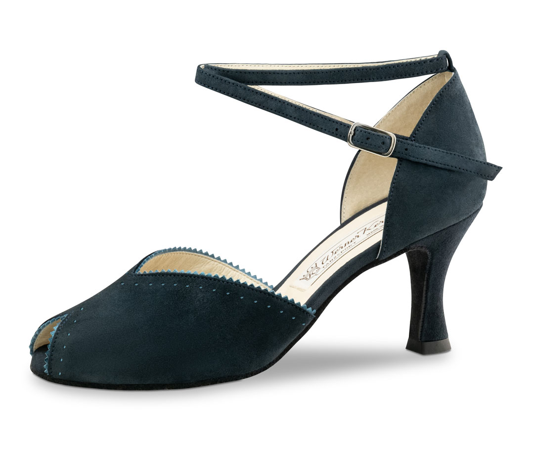 Blaue Tanzsandale von Werner Kern mit schwarzen Details und 6,5 cm Flare Absatz