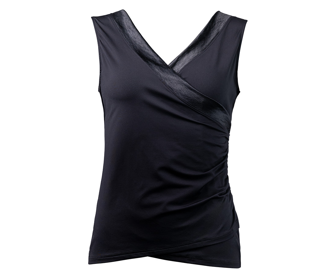 Schmal geschnittenes Tanztop in Wickeloptik aus schwarzem, elastischen Material und V- Ausschnitt von Werner Kern