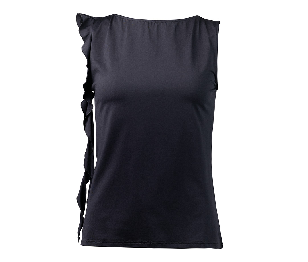 Asymmetrisches, ärmelloses Damen Tanzoberteil Lior in Schwarz mit Rüschendetail von Werner Kern