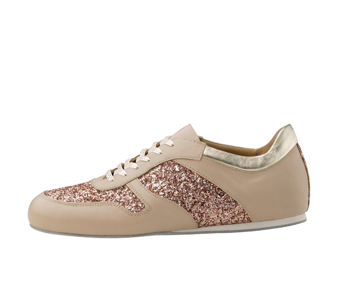 Honey Tanzschuhsneaker aus beigem Nappaleder und rosegoldenem Brokat von Werner Kern für lange Tanznächte.