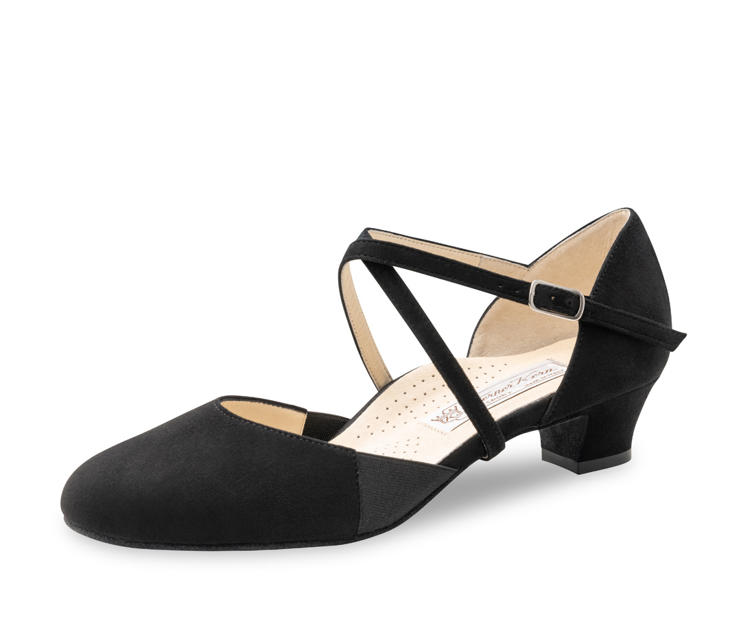 Ronja Damen Tanzschuh Ronja - Werner Kern in schwarzem Samtziegenleder, klassisch und unglaublich komfortabel mit individuell einstellbarem Kreuzristriemchen und seitlichem Gummizug, bequeme Absatzhöhe von 3,4 cm