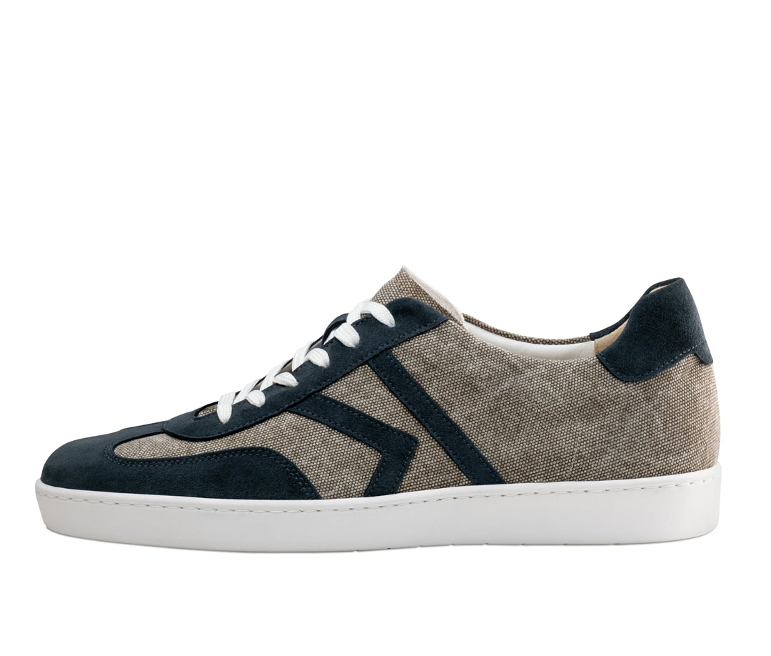 Herrentanzsneaker aus Stoff und Leder in beige-blau mit weißer PU- Tanzsohle für drinnen und draußen