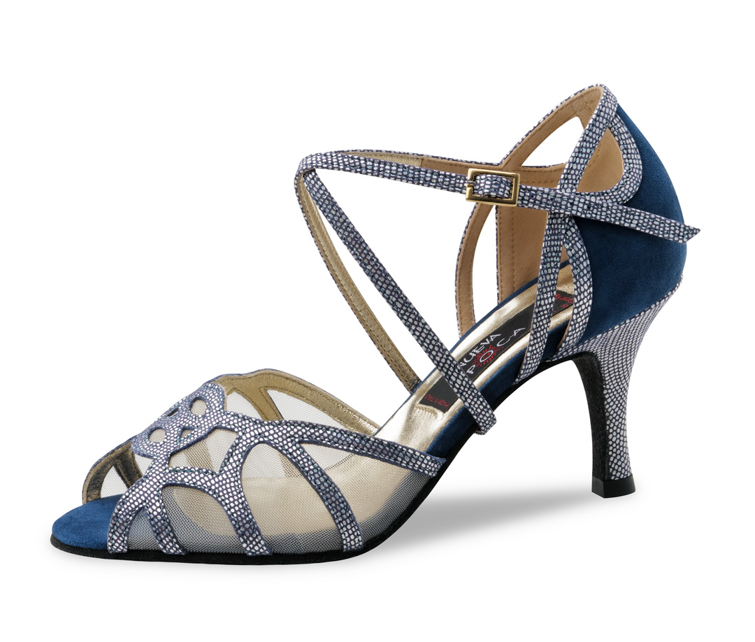 Adriana Adriana, Damentanzschuhe mit einem 7 cm Absatz aus weichem, blauen Velourleder und funkelndem Printleder von Nueva Epoca.
