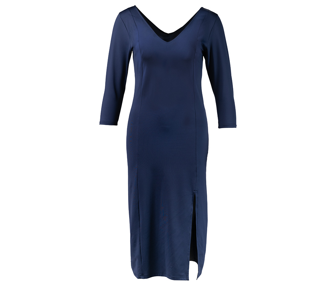 Rauchblaues, knielanges Tanzkleid mit Beinschlitz und langen Ärmeln von Werner Kern