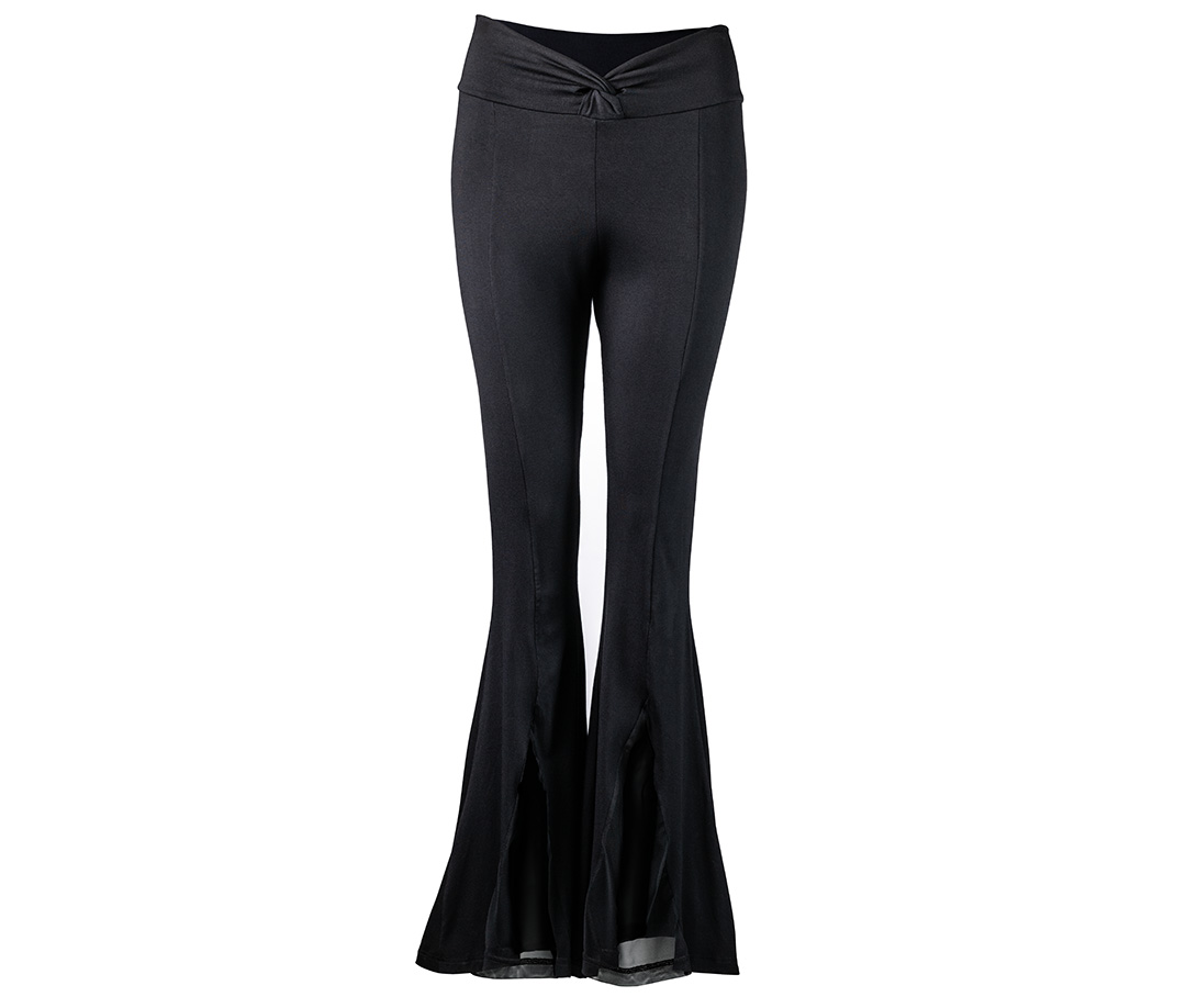 Damen Tanzhose Nisha in Schwarz mit Mesheinsätzen und Schlag für Latein und Standard.