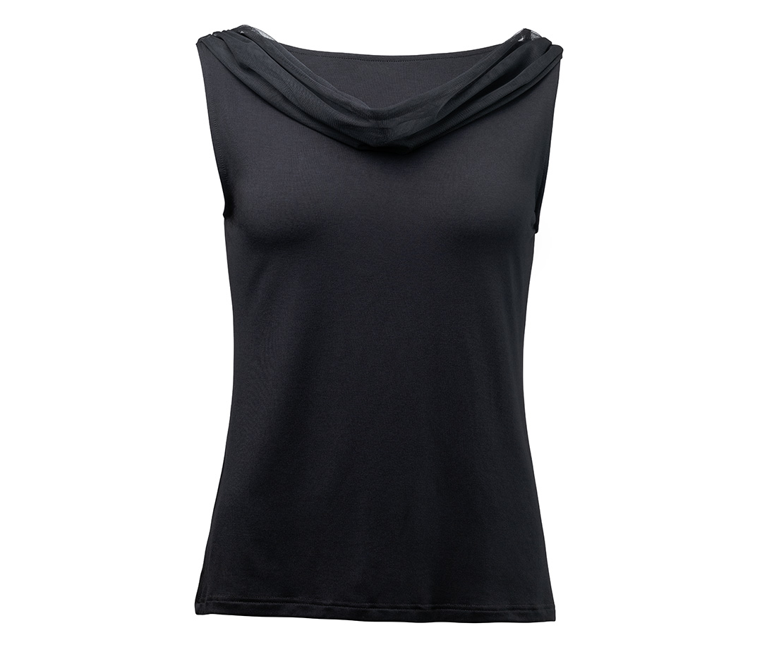 Damen Tanzoberteil Auri in Schwarz – elegantes Bambus-Top mit Rückenausschnitt und Tüll Einsätzen, ideal für Salsa, Tango und andere Tänze.