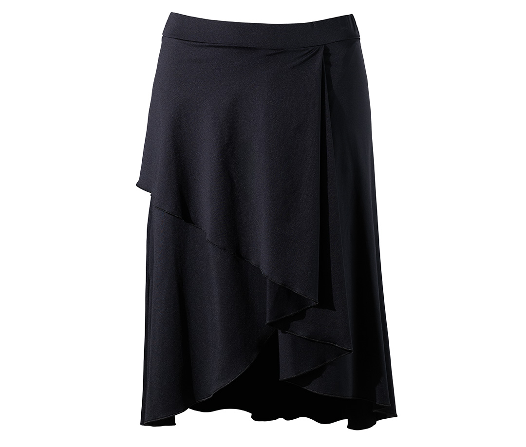 Tanzwickelrock Vana in Schwarz für Damen – Tulpenform und Wickeloptik für Salsa, Tango und mehr. 